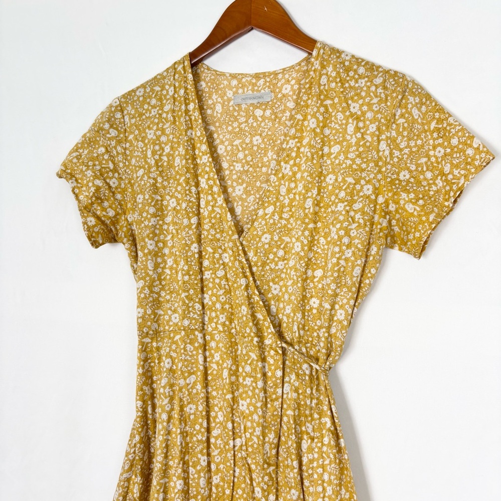 Outerkown Organic Cotton Floral Wrap Dress Midi Short Sleeve Size XS Yellow - Picture 2 of 7